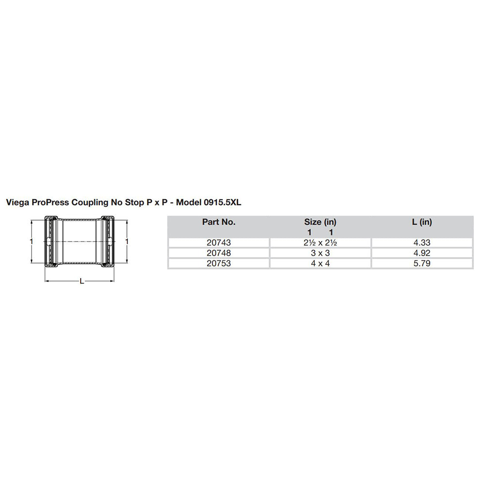 Viega ProPress 212 Copper Coupling wo Stop Double Press Connection Smart Connect Technology 20743