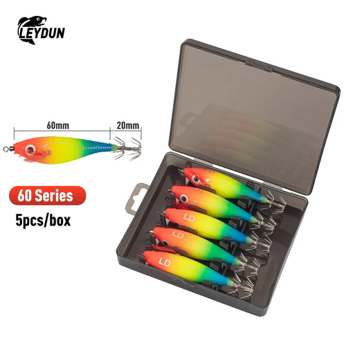 LEYDUN Luminous Horizontal Squid Jig Wood Shrimp Squid Hook 5pcs