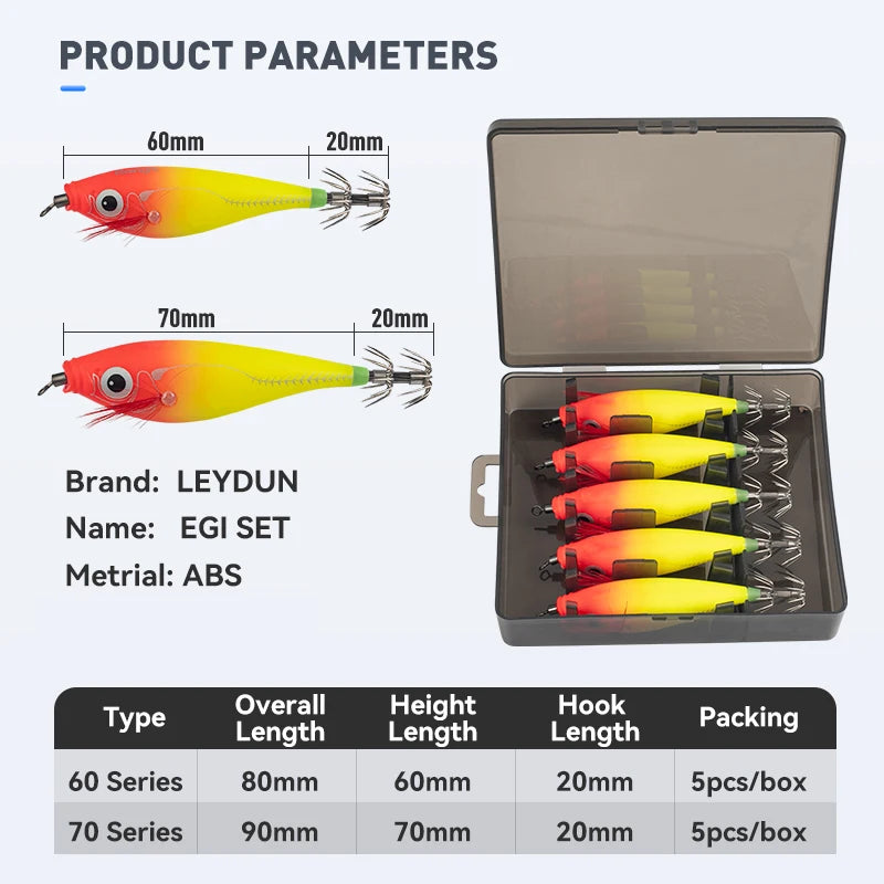 LEYDUN Luminous Horizontal Squid Jig Wood Shrimp Squid Hook 5pcs