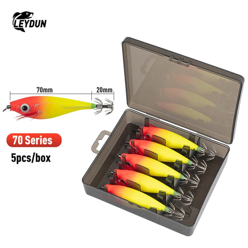 LEYDUN Luminous Horizontal Squid Jig Wood Shrimp Squid Hook 5pcs