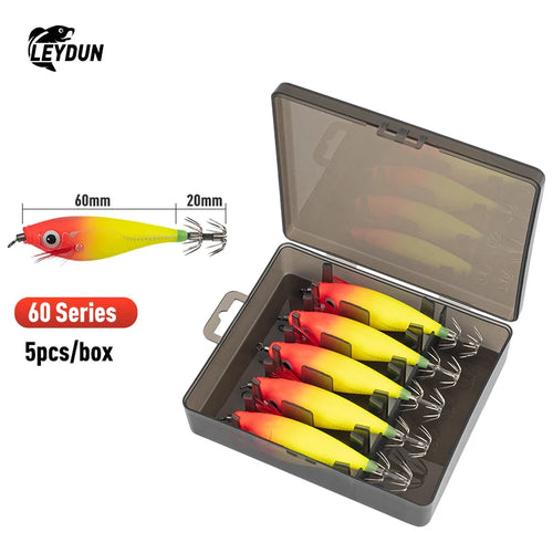 LEYDUN Luminous Horizontal Squid Jig Wood Shrimp Squid Hook 5pcs
