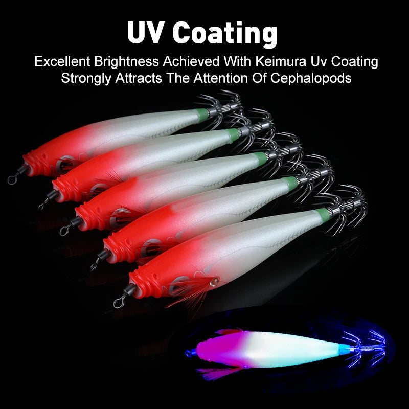 LEYDUN Luminous Horizontal Squid Jig Wood Shrimp Squid Hook 5pcs
