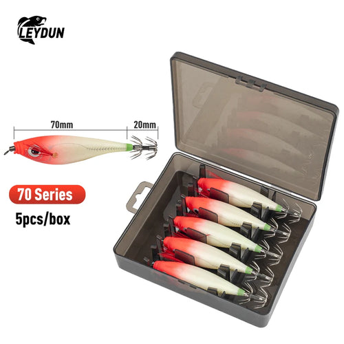 LEYDUN Luminous Horizontal Squid Jig Wood Shrimp Squid Hook 5pcs