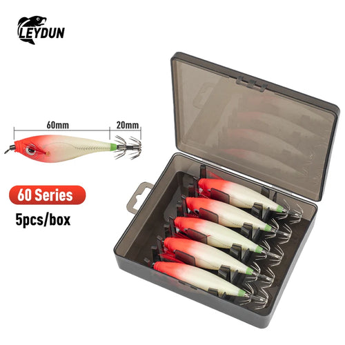 LEYDUN Luminous Horizontal Squid Jig Wood Shrimp Squid Hook 5pcs