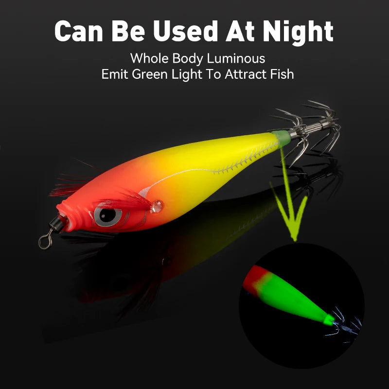 LEYDUN Luminous Horizontal Squid Jig Wood Shrimp Squid Hook 5pcs