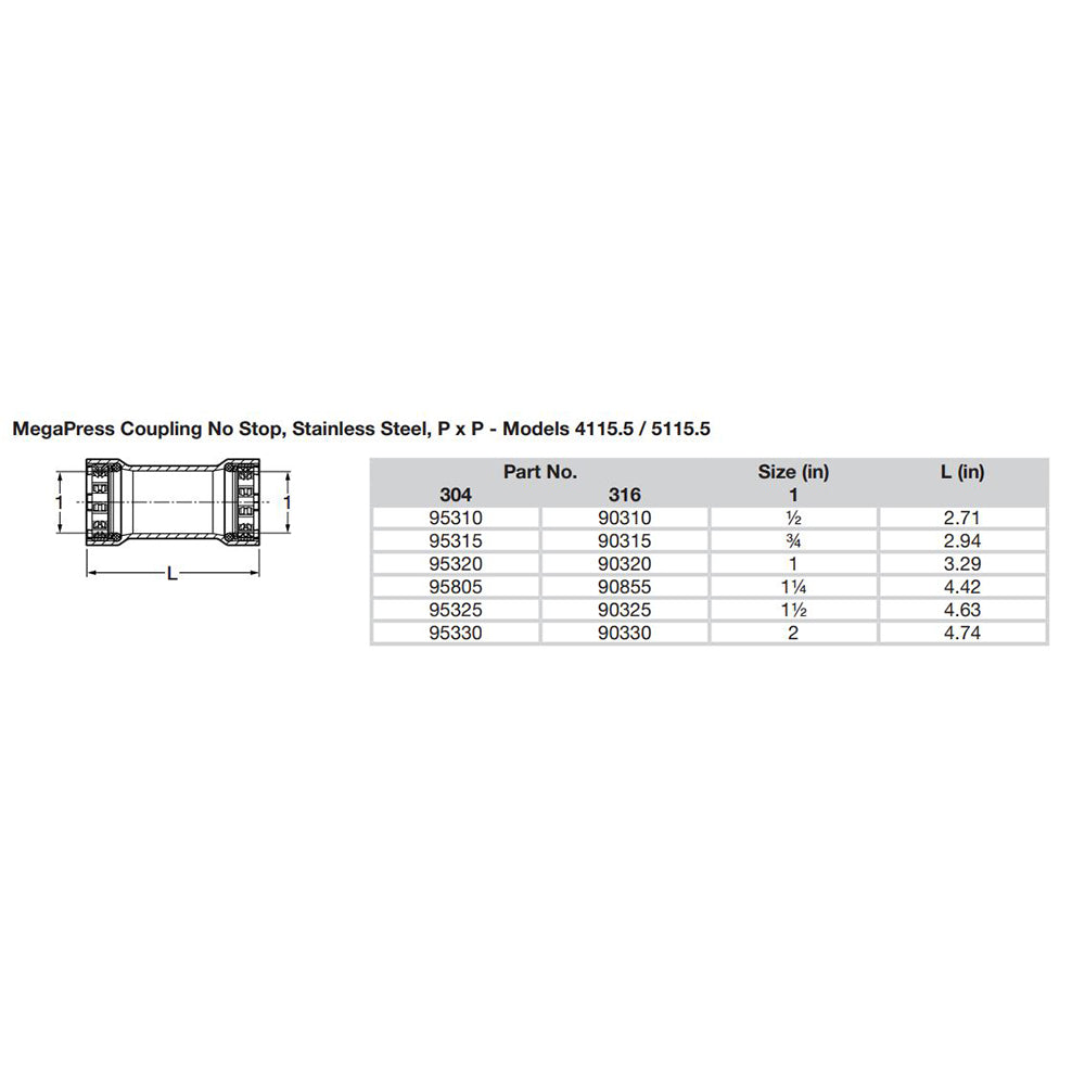 Viega MegaPress 34 Stainless Steel 304 Coupling wo Stop  Double Press Connection  Smart Connect Technology 95315