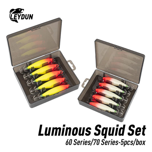 LEYDUN Luminous Horizontal Squid Jig Wood Shrimp Squid Hook 5pcs